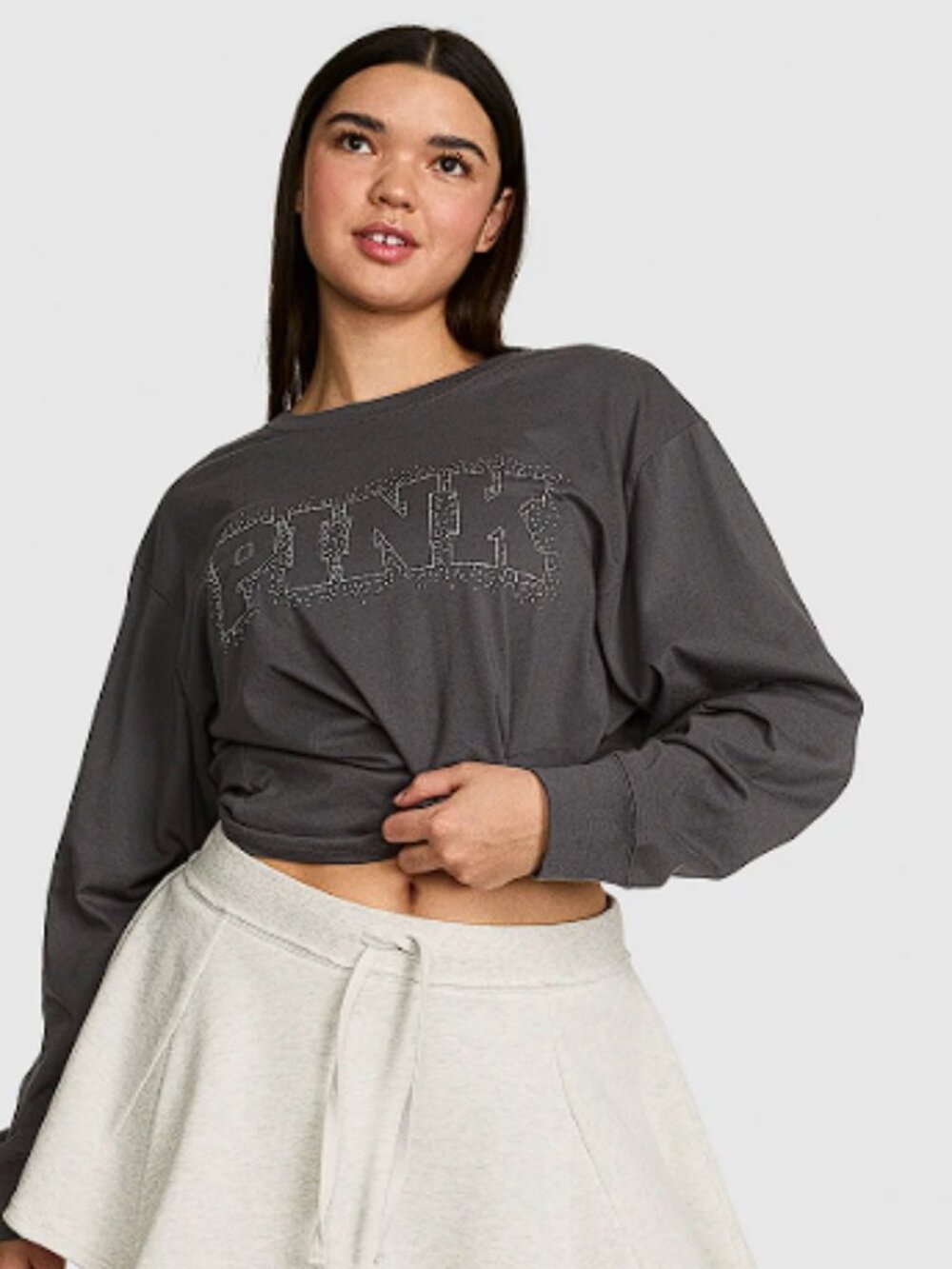 Victoria's Secret PINK Campus Cotton Long-Sleeve Tee Coal Shine Logo (M) NWT!
